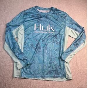 Huk Men’s Medium Blue Long Sleeve Waterprint Performance Fishing T-Shirt Casual